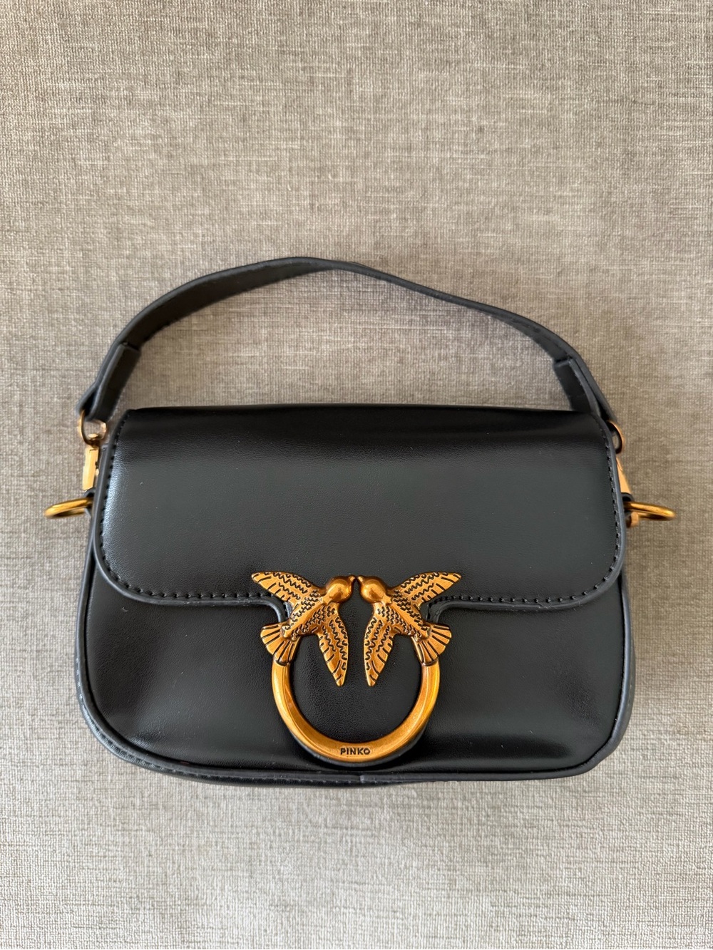 Pinko Black Leather Shoulder Bag with Gold Bird Ring